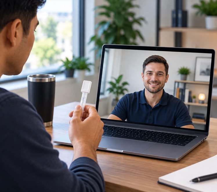 A candidate holding an oral test collection device while a remote proctor smiles on a laptop video call.