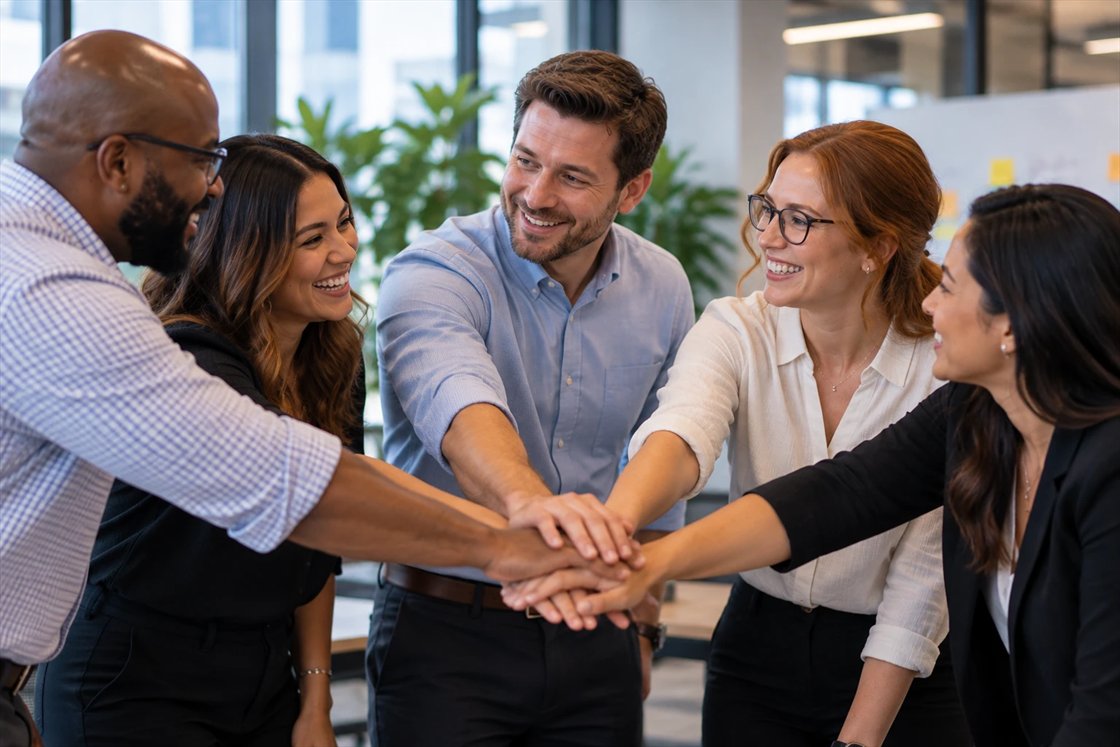 Five colleagues smiling and stacking their hands together in a show of teamwork.