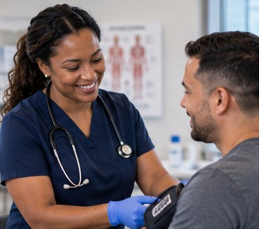 A nurse with a stethoscope taking a patient&rsquo;s blood pressure.