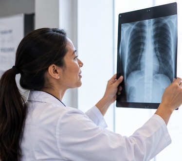 A clinician holding a chest x-ray up to the light.