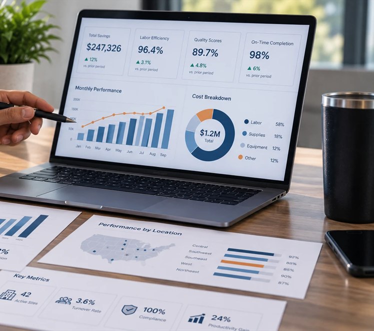 A hand pointing a pen at a laptop screen showing total savings, labor efficiency, quality scores and on-time completion metrics, beside printed performance reports.